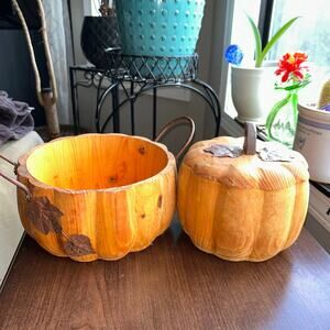 Hand Carved Primitive Wood Pumpkin with metal leaves Fall Halloween Decor SET
